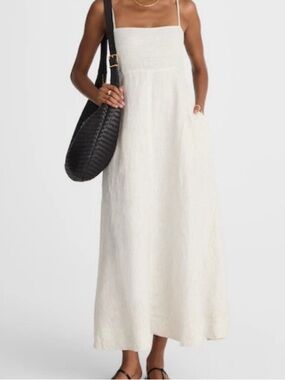 New Madewell 100% Linen Sleeveless Striped Emoire Waist Midi Dress White Size M